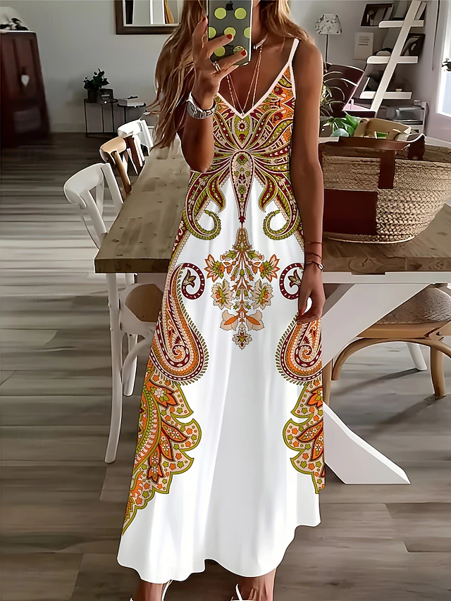 Women's Maxi Dress Casual Dress A Line Dress Slip Dress Vacation Vintage Ethnic Daily Regular Fit Paisley Sleeveless V Neck Yellow Summer Spring Fall4