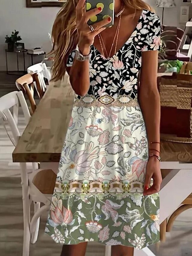  Damen Minikleid Freizeitkleid Elegant Bohemien Urlaub Täglich Normale Passform Blumen Grafik Kleines Blumenmuster Kurzarm Rundhalsausschnitt Salbeigrün Sommer