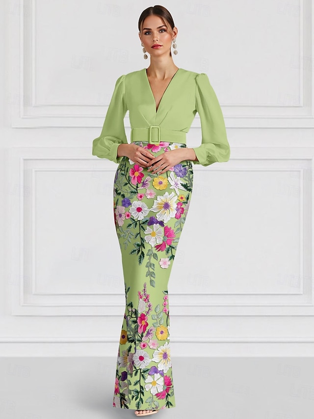  A-Linje kveldsdrakt elegant kjole formell bryllup gulvlengde lang erme en skulder sateng med sløyfer splitt broderi