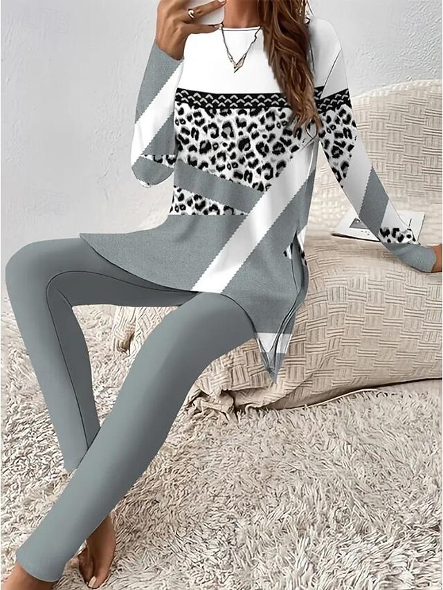 Women's Pajama Set Loungewear Round Neck Long Sleeve Casual Sleepwear Fashion Pants Sets Pants Trousers Color Block Print Daily Dark Grey Regular Fit4