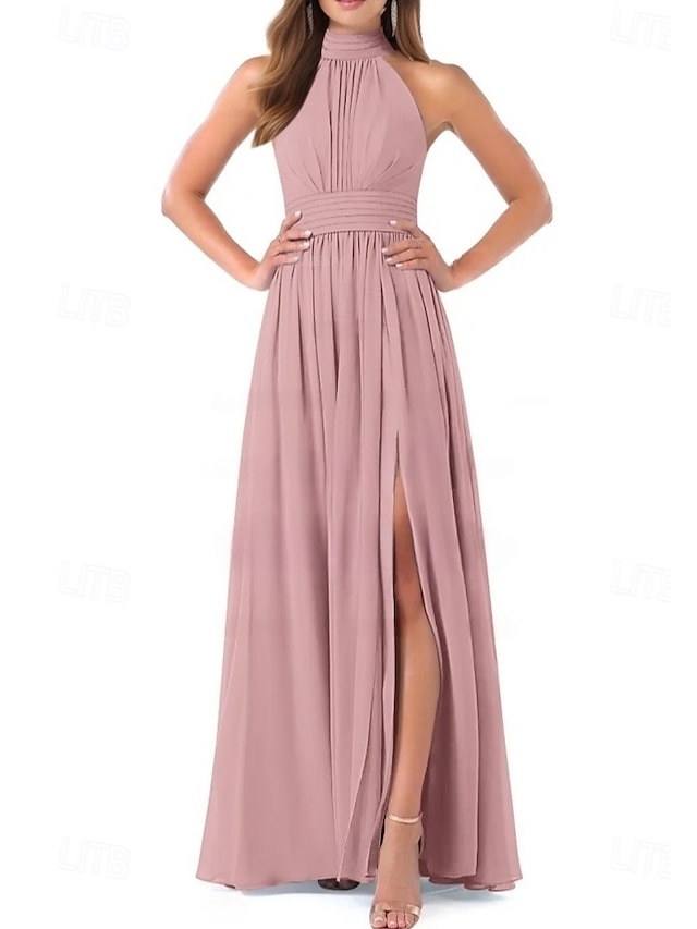  Robe de demoiselle d'honneur A-Line col halter manches courtes élégante longueur de sol chiffon avec plis  fente avant  fronces