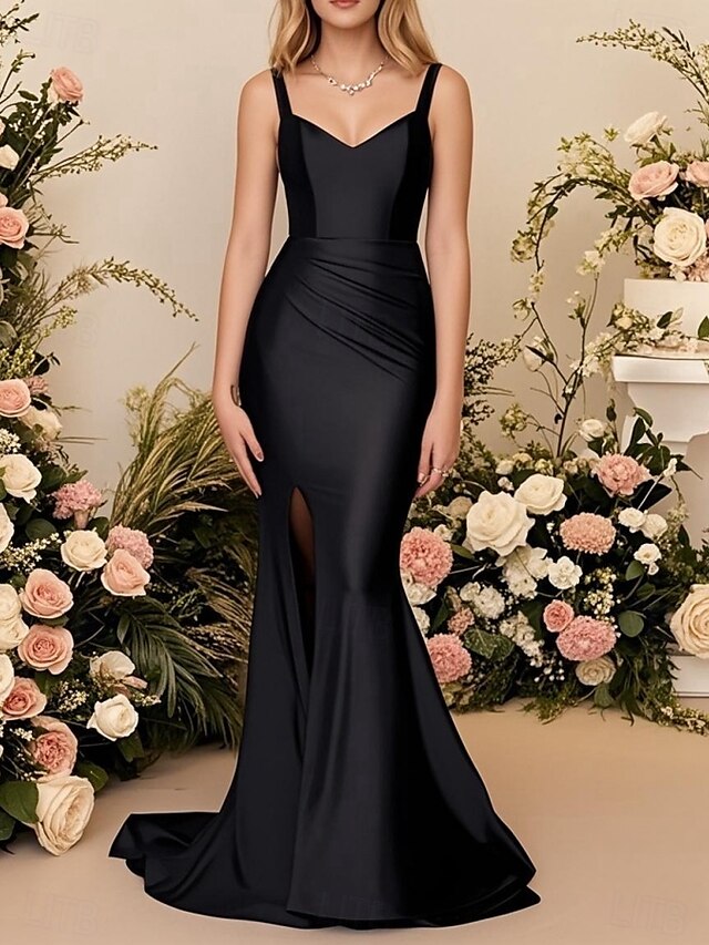  Vestido de dama de honor sirena  trompeta tirantes sin mangas elegante largo hasta el suelo satén con abertura frontal  fruncido
