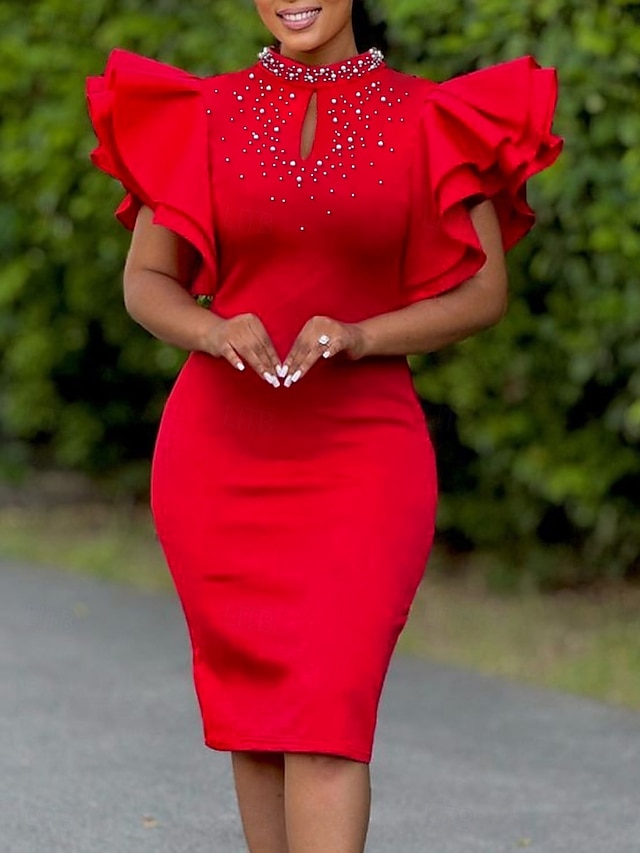  Mulheres Vestido midi Vestido de formatura Vestido de festa vestido de cetim Vestido de convidada de casamento Elegante Formal Festa Convidado do casamento Noivado Normal Tecido Manga Curta Gola Alta