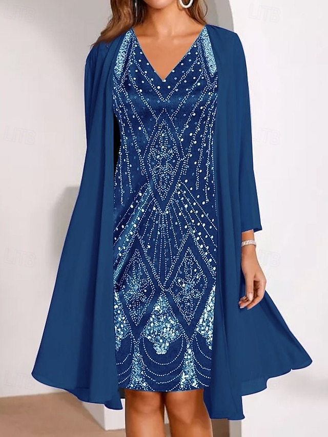  Damen Modisch Strassenmode Rock-Sets Langarm V Ausschnitt Geometrisch Bedruckt Freizeitskleidung Verabredung Blau Purpur Grün Frühling Regular Fit