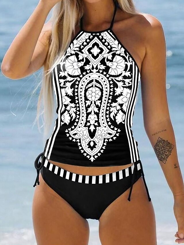 Women's Swimsuits Tankini 2 Piece Cheeky Swimsuit Backless Vacation Beach Wear Paisley Halter Neck Sleeveless Bathing Suits4