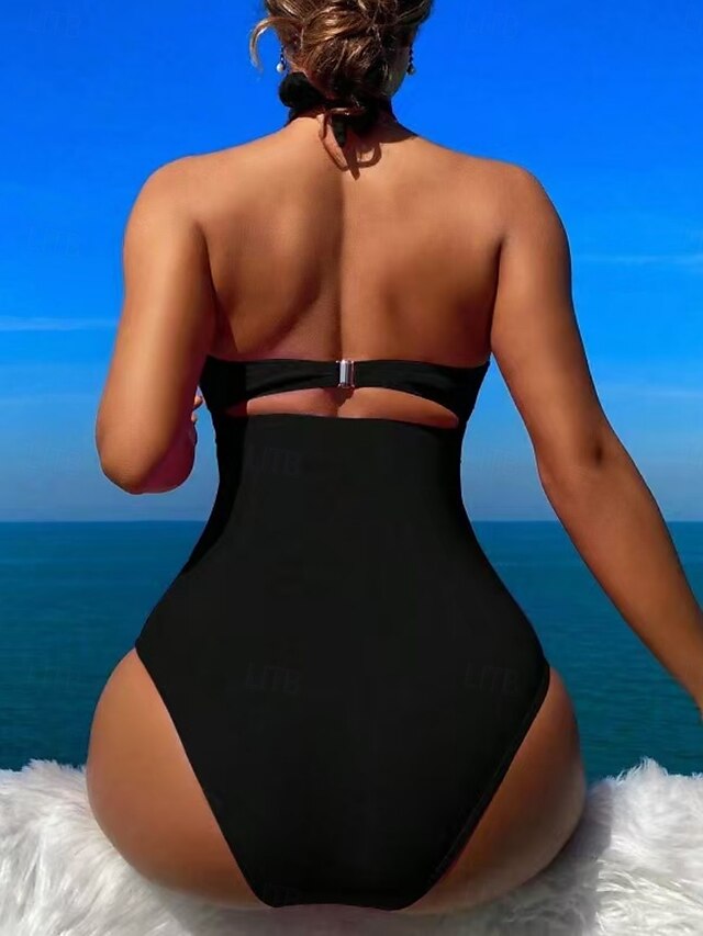  Dames Badpakken Een-delig Monokini Badpak Rugloos Buikcontrole Hoge Taille Slank Vakantie Strandmode Effen Kleur Halter Hals Mouwloze Badpakken