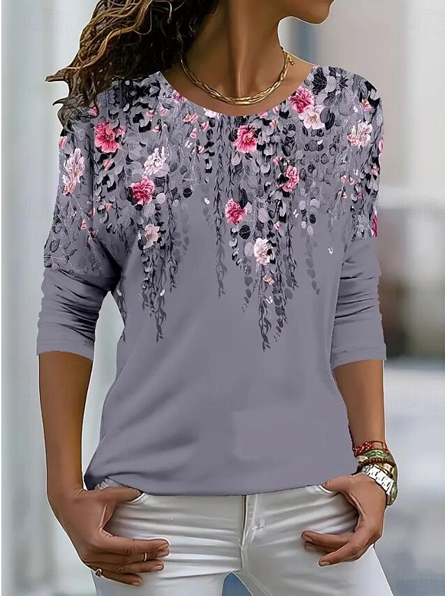 Women's T shirt Crew Neck Long Sleeve Tunic Leopard Striped Casual  Regular Tops Daily Print Light Grey Spring Fall4