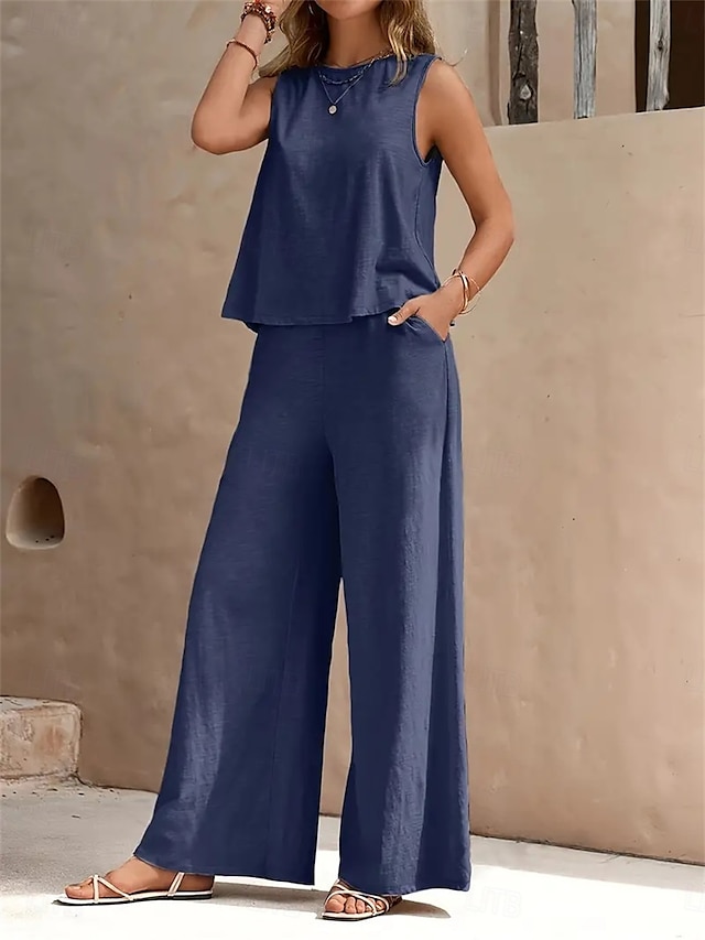  Dam Elegant Mode Streetwear Tvådelade set Blus Väst Byxor Ärmlös Rund hals Ensfärgat Utomhus Arbete Ledigt Svart Gul Mörk Marin Sommar Normal