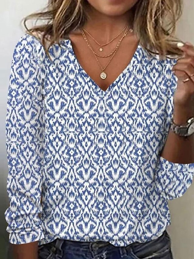 Women's T Shirt V Neck Long Sleeve Tunic Graphic Fashion Modern Casual Regular Tops Daily Weekend Print Blue Fall Winter4