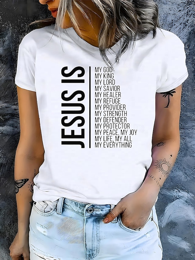  Women's 100% Cotton T Shirt Cotton Shirt Letter Casual Short Sleeve Round Neck Regular Tops Daily Print White Summer