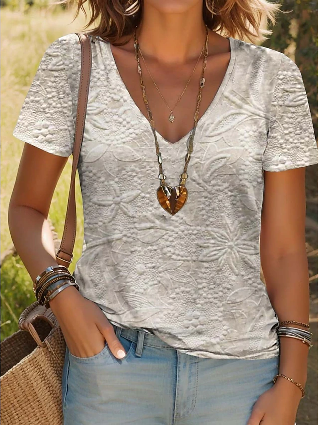 Women's T Shirt Floral Graphic Vintage Stylish Casual Short Sleeve V Neck Regular Tops Daily Linen Like Buttons Print White and gray Summer Spring4