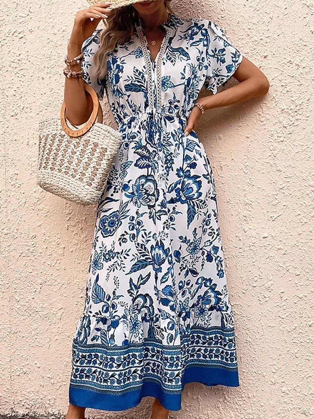  Pentru femei Rochie Maxi Rochie A line Rochie florala Rochie Boho Stilat Casual Vacanță Casual Zilnic Fit regulat Floral Manșon scurt În V Albastru piscină Vară Primăvară