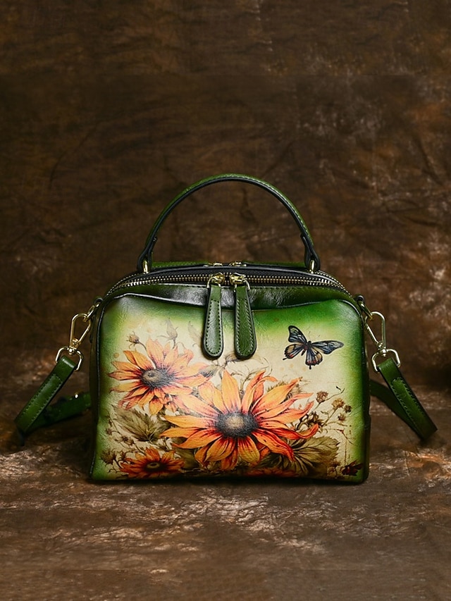  torebka ze skóry vintage z nadrukiem słonecznika i motyla – stylowa torebka typu crossbody dla kobiet, idealna na co dzień i na wyjścia na zewnątrz czerwony brązowy zielony