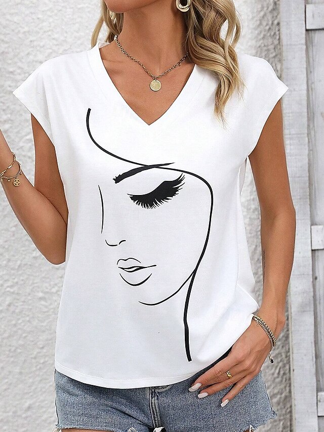 Women's Camisole Tank Top Graphic Stylish Casual Short Sleeve V Neck Regular Tops Daily Print White Summer4