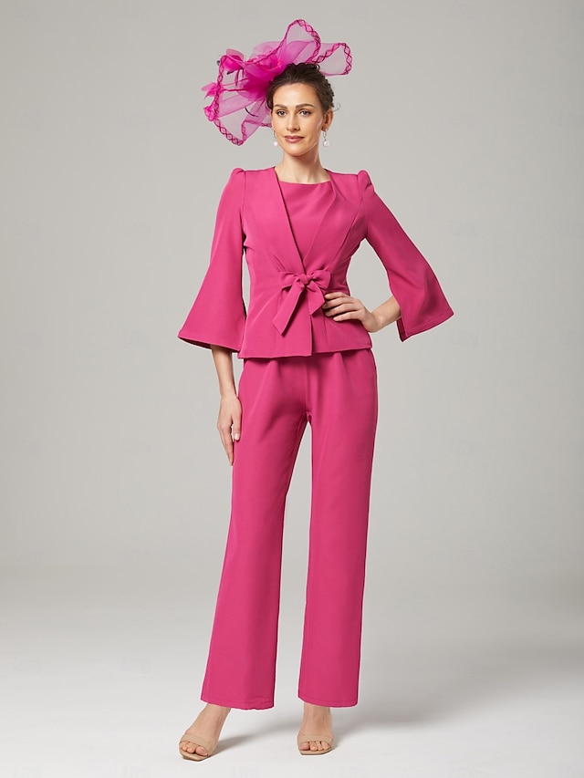  Zweiteilige Jumpsuits Mutter der Braut Elegant Wickel enthalten Juwelen-Hals Knöchellänge Stretch-Chiffon 3/4 Länge Ärmeln mit Bandage 2025