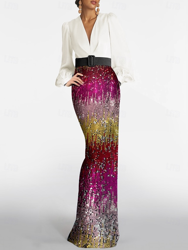  Zeemeermin  Trompet Avondjurk Elegante Jurk Formele Bruiloft Vloerlengte Lange Bubbelmouw Plunge Hals Riem  Sjerp Met Ombre Gesequinned Rok