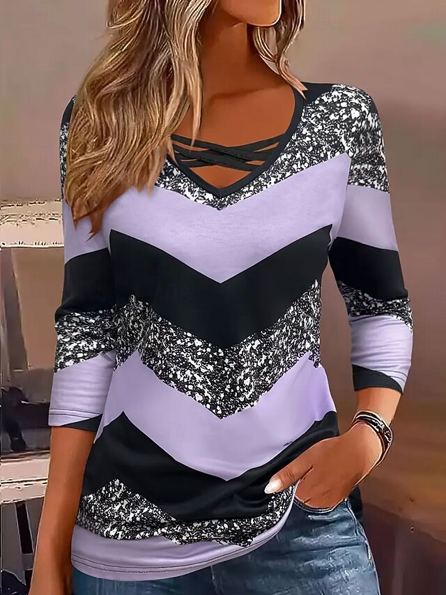 Women's T Shirt Striped Casual Long Sleeve V Neck Regular Tops Daily Print Purple Spring Fall4