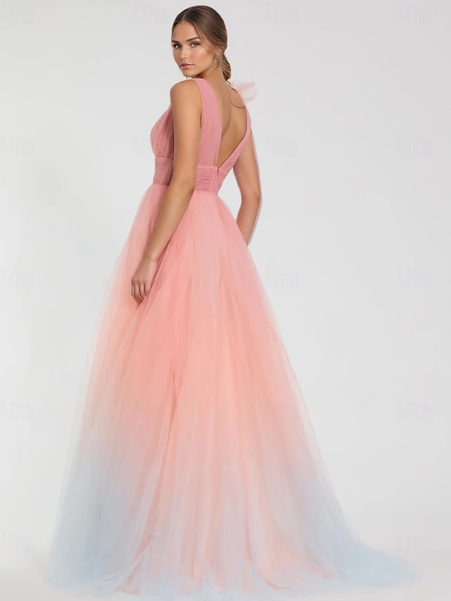  Pink Ball Gown A-Line Prom Dresses Elegant Dress Formal Wedding Floor Length Sleeveless V Neck Tulle with Shouder Flower 2025