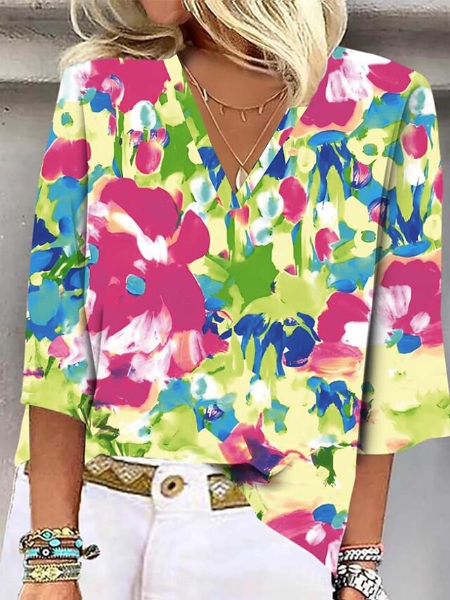 Women's Shirt Button Down Blouse Floral Stylish Beach Short Sleeve V Neck Regular Tops Daily Print Light Green Spring Fall4