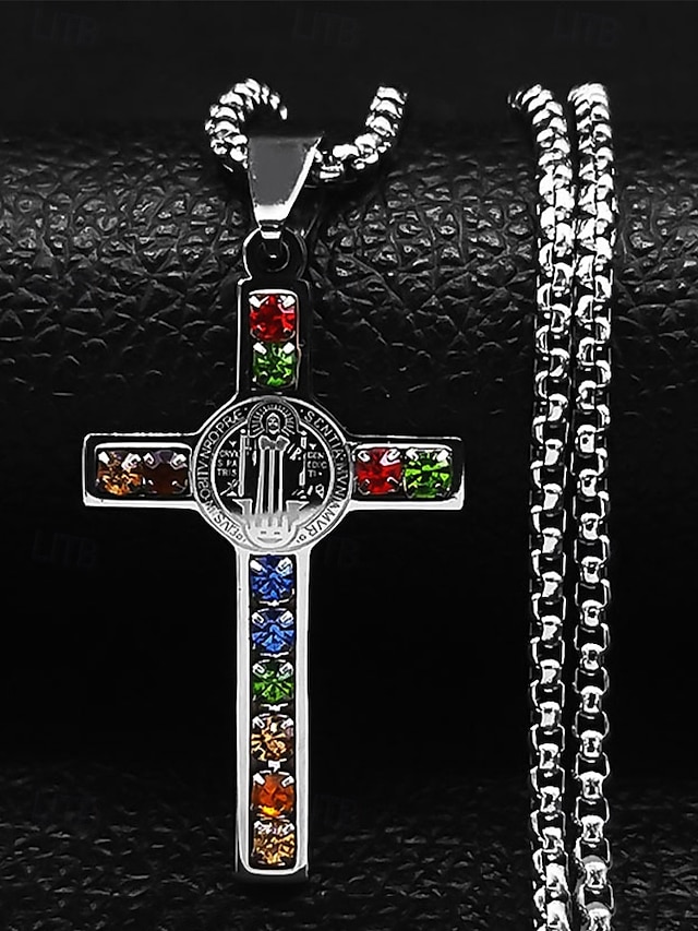  colar masculino de cruz banhado a ouro em aço inoxidável com pedras preciosas multicoloridas – pingente religioso, corrente estilosa para uso diário, presentes para ocasiões religiosas