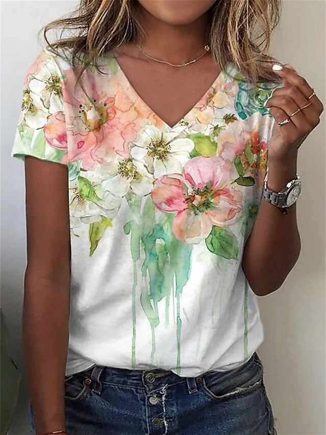 Women's T Shirt Floral Casual Short Sleeve Round Neck Regular Tops Daily Print White Summer4
