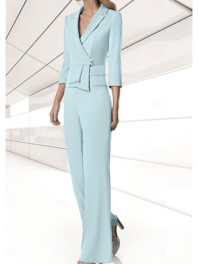  Ensemble pantalon 2 pièces mère de la mariée invité de mariage élégant encolure en V longueur de sol chiffon extensible manches 3/4 wrap inclus avec boutons 2025 taille personnalisée gratuite