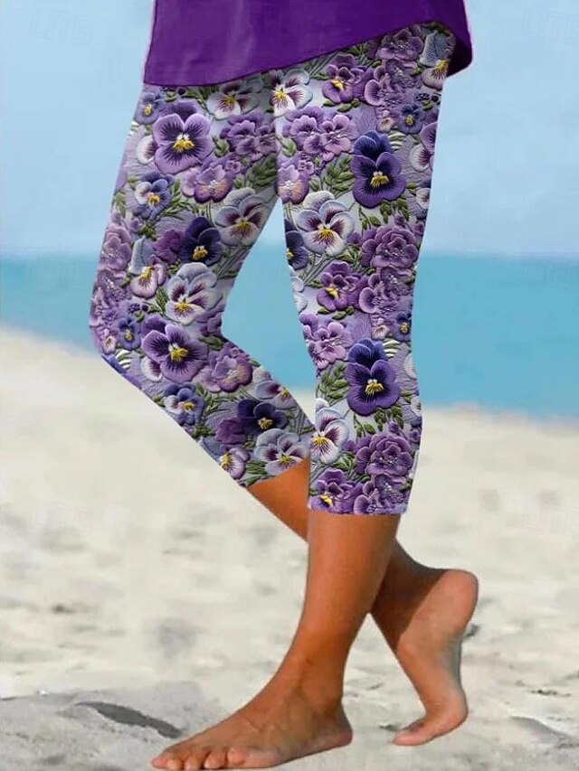 Women's Leggings Capri Pants High Elasticity Vacation Fashion Hawaiian Ankle-Length Mid Waist Floral Printing Thermal Warm Breathable Soft  Vacation Casual Daily Amethyst Summer Spring Regular Fit4