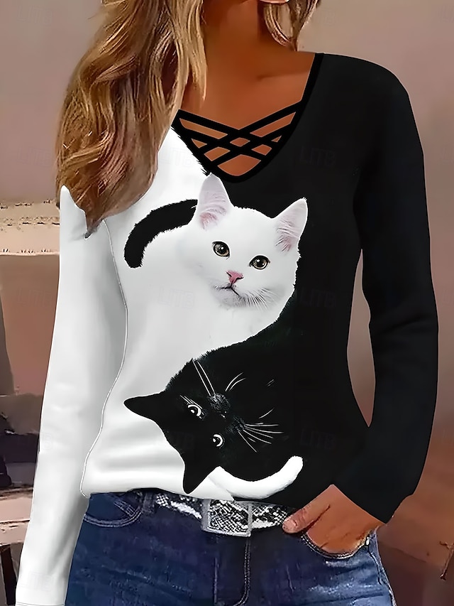  Dame T skjorte Fargeblokk Katt Fritid Langermet Hals med hakk Vanlige topper Daglig Trykt mønster Hvit Vår Høst