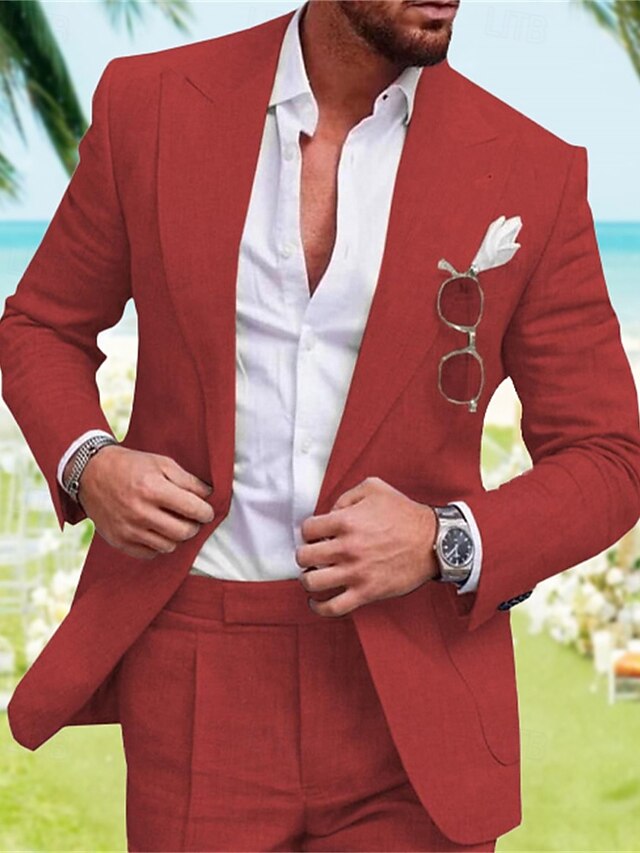 Men's Graduation Linen Blazer Blazer Business Cocktail Party Wedding Party Fashion Casual Spring Fall Linen Cotton Blend Plain Pocket Buttons Comfortable Single Breasted Blazer Red Dark Green Light4