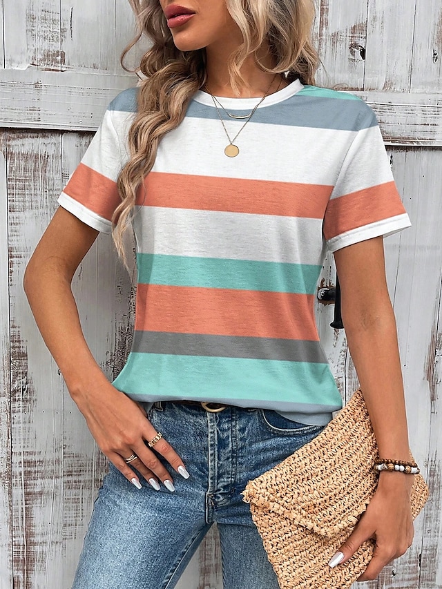  t-shirt femme rayé décontracté à manches courtes col rond hauts réguliers imprimé quotidien vert été