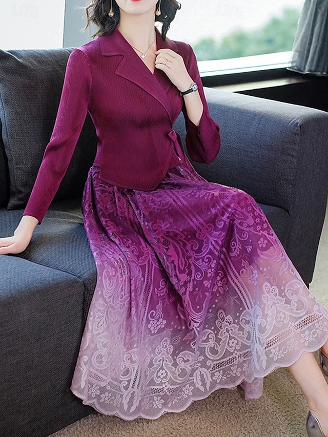  Mulheres Vestido Longo Vestido Maxi Vestido de renda Vestido De Duas Peças à moda Casual Férias Diário Normal Gráfico Manga Longa Lapela Preto Vermelho Azul Marinha Roxo Verão