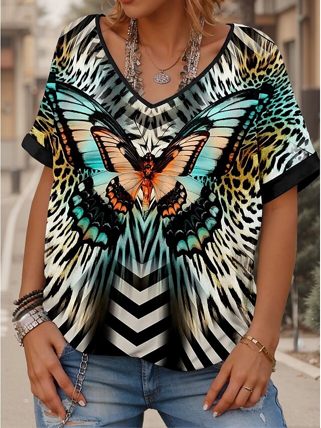  Pentru femei Tricou Fluture Casual Manșon scurt În V Topuri obișnuite Zilnic Sfârșit de săptămână Imprimeu Albastru piscină Vară Primăvară