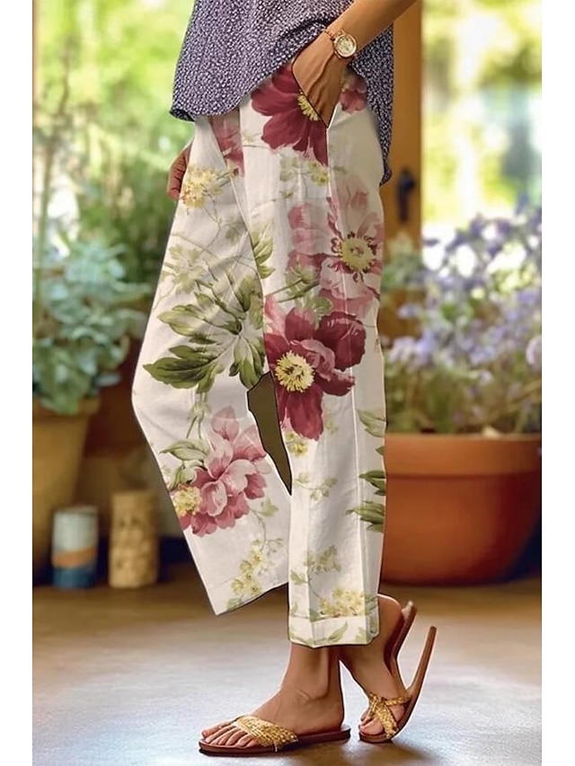  Calças de Algodão e Linho Femininas Calças Largas Estilo Linho Moda Estilo de Rua Comprimento Total Cintura Alta Estampas Gráficas Florais Térmicas Quentes Respirável Macio Microelástico Para o Dia a