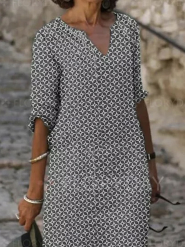  Damen Minikleid Baumwoll-Leinen-Kleider Freizeitkleid Elegant Basic Lässig Urlaub Täglich Normale Passform Geometrisch Kurzarm V Ausschnitt Gelb Blau Grün Grau Sommer Frühling
