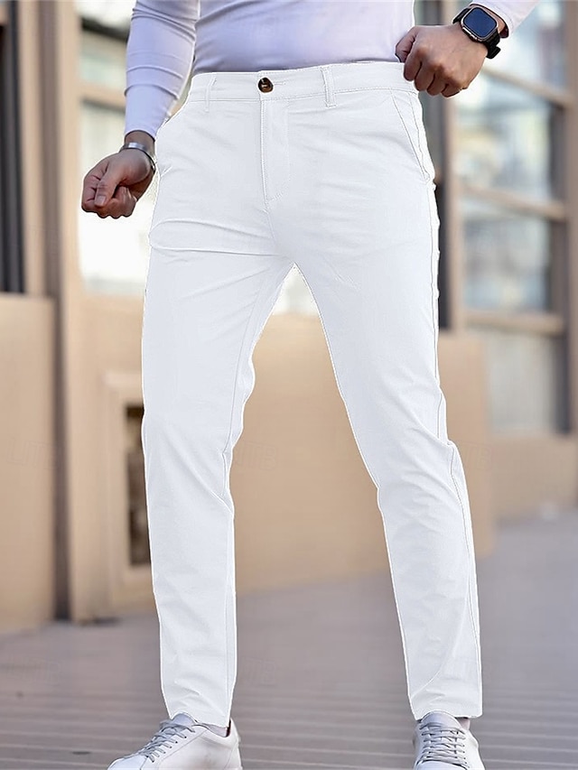  Муж. Выпускной Штаны Чино Брюки Повседневные брюки Пуговицы Карман Полотняное плетение Комфорт Официальные Для вечеринок Офис Мода Классический Джинсовый Синий Черный 1 # Слабоэластичная