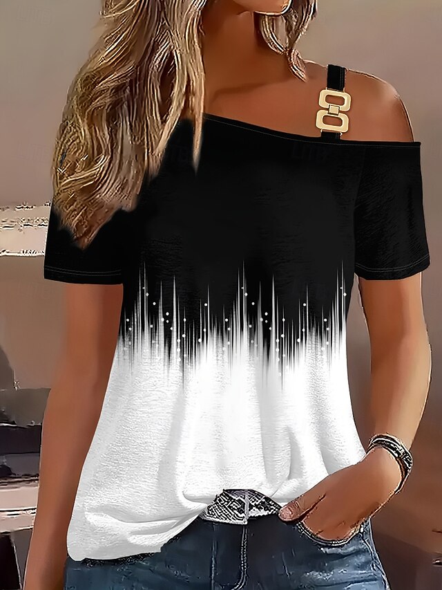 Women's T Shirt Color Gradient Casual Short Sleeve One Shoulder Regular Tops Daily Black Summer Spring4
