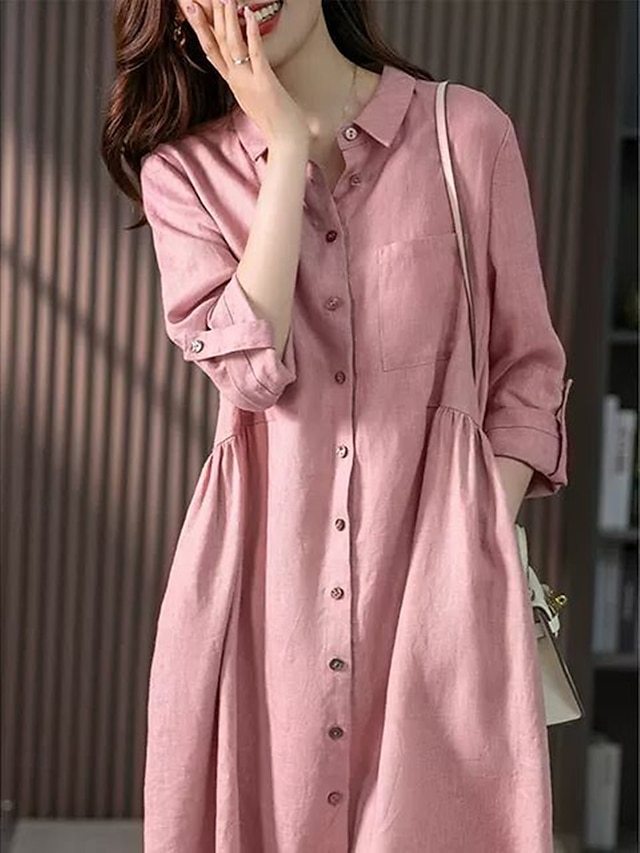  Women's Midi Dress Casual Dress Cotton Linen Dress A Line Dress Basic Casual Vacation Daily Regular Fit Plain 3/4 Length Sleeve Shirt Collar Pink Green Summer Spring Fall