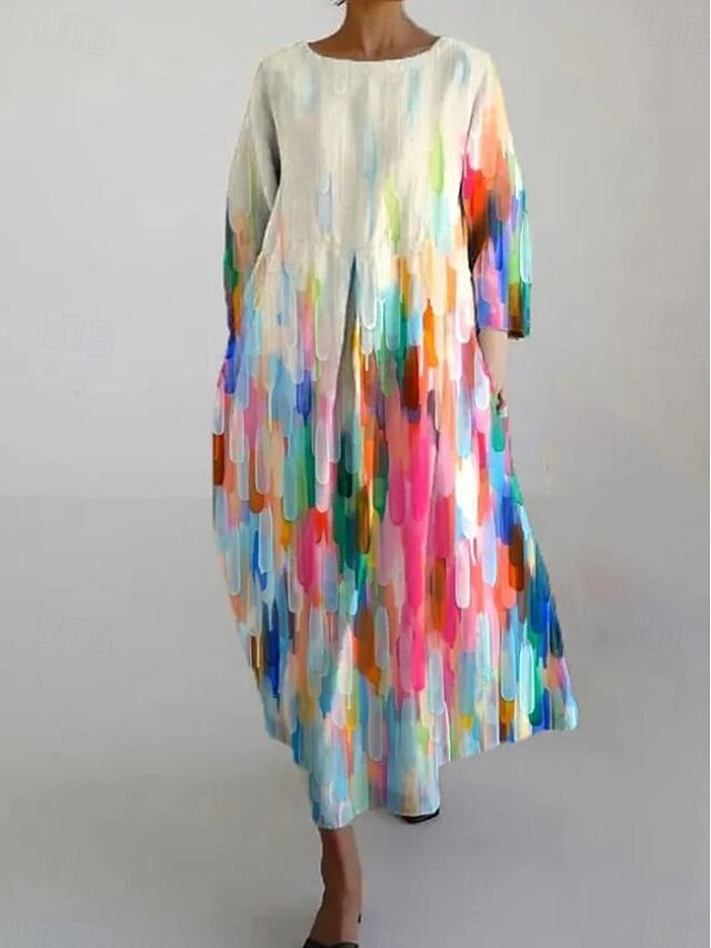 Women's Maxi Dress Casual Dress Casual Vacation Loose Fit Ombre Graphic Geometric 3/4 Length Sleeve Crew Neck Linen Like Colourful Spring Fall Winter4