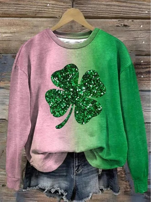  Femmes Sweats à capuche Bloc de Couleur Trèfle Mode Occasionnel manche longue Col rond Hauts Réguliers Travail Tenue Quotidienne Occasionnel Imprimé Vert Été Printemps