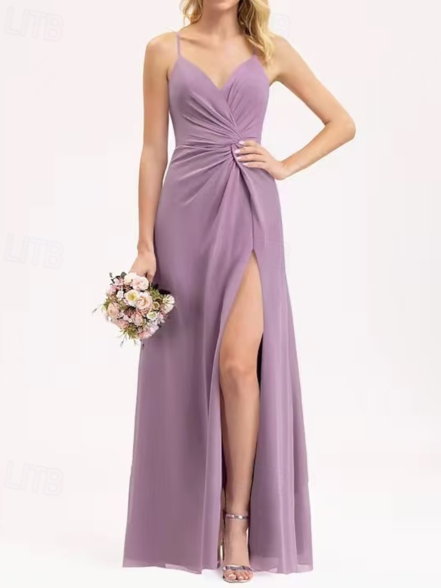  Vestido de Dama de Honra A-Line V Decote  Alças de Espaguete Sem Mangas Elegante Comprimento Longo Chiffon  Spandex  Shantung com Draping  Ruching  Bandagem