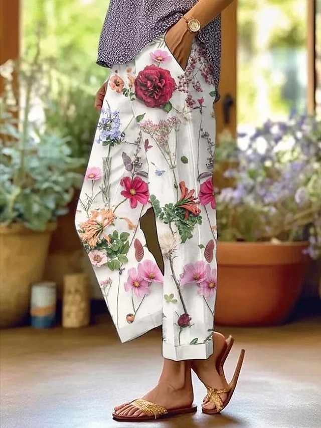  Pantaloni din bumbac și in pentru femei pantaloni baggy asemănători cu in modă stradală lungime completă talie înaltă imprimeu floral grafic termic cald respirabil moale micro-elastic exterior zilnic