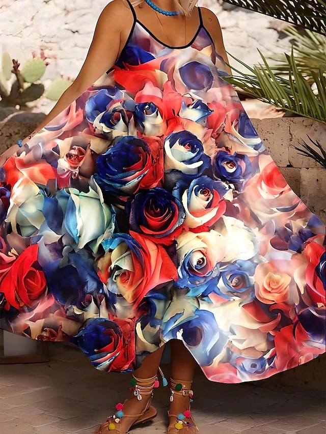  Függetlenségi Nap Női Midi Ruha Nyári Ruha Csúszós Ruha Fit És Széles Ruha Vakáció Kényelmes Boho Hideg Vállú Vakáció Parti Kényelmes Oversized Virágos Grafika Zászló Ujjatlan