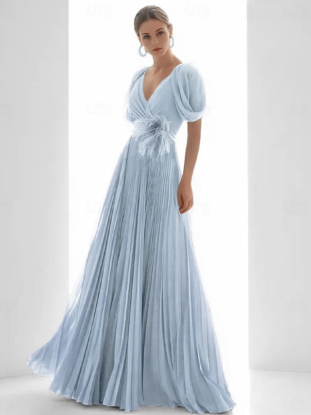 A-Line Prom Dresses Party Dress Wedding Guest Floor Length Short Sleeve V Neck Chiffon with Ruched Appliques main image 0