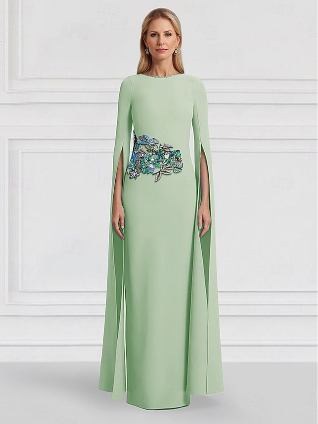  Green Blue Floral Column Evening Gown Side Slit Dress Formal Wedding Guest Floor Length Short Sleeve Jewel Neck Stretch Crepe with Embroidery