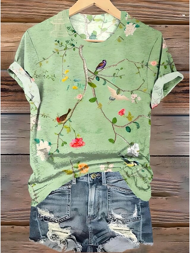 Women's T Shirt Floral Graphic Vintage Fashion Stylish Short Sleeve Round Neck Regular Tops Daily Going out Weekend Print Grass Green Summer4