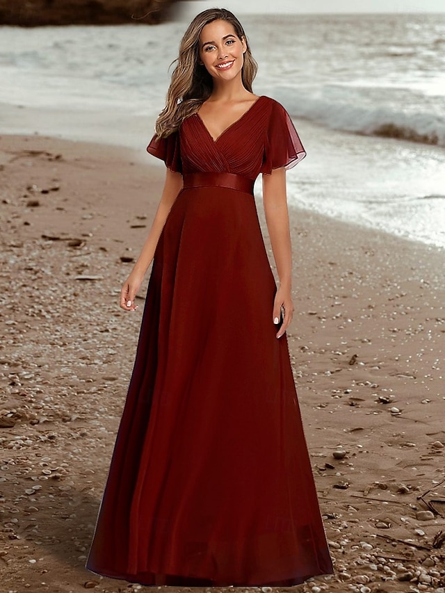  Abiti da Prom A-Line Abito Elegante Ospite di Matrimonio Laurea Lunghezza Piena Maniche Corte Collo a V Abito da Damigella Chiffon con Schiena a V e Rouches