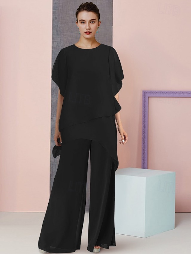  Ensemble de deux pièces combinaison  pantalon pour mère de la mariée invitée de mariage élégant grande taille col rond longueur totale chiffon manches courtes avec couleur unie 2025 taille