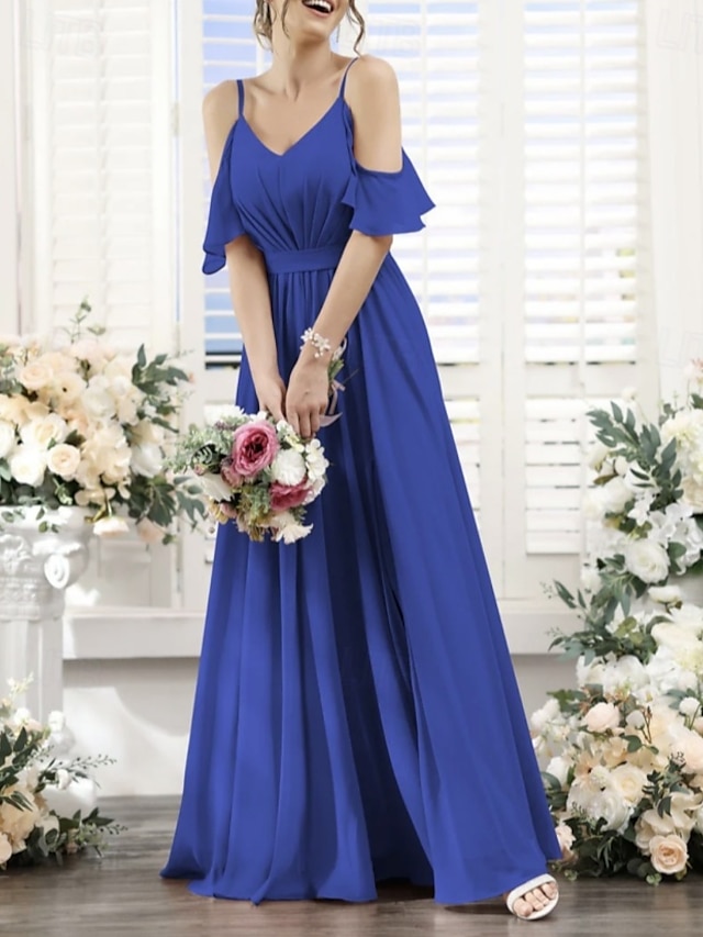  A-line šaty pro družičky v-výstřih  špagetová ramínka krátký rukáv elegantní podlahové délky chiffon s páskem  stuhou  sklady  řasením