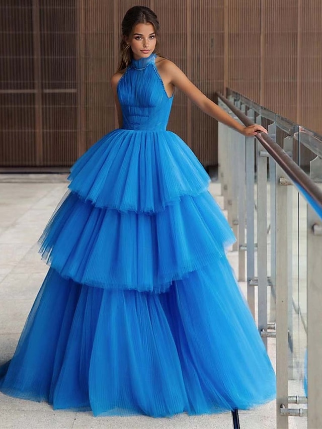  vestidos de baile em camadas linha a vestido de festa festa à noite coquetel comprimento até o chão sem mangas decote halter poliéster com pregas miçangas 2025