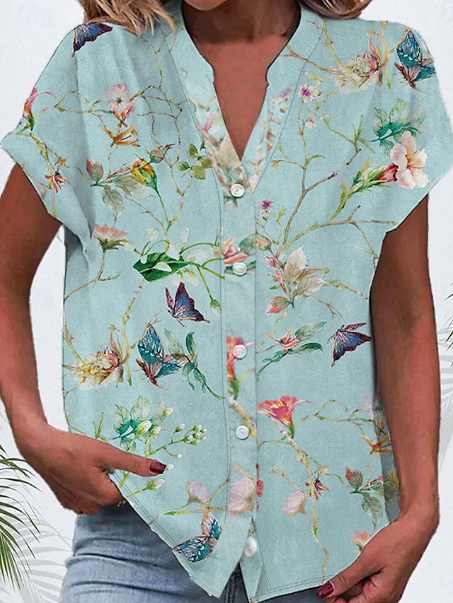  Dame Skjorte Blomster Stilig Strand Kortermet Skjorte Krage Vanlige Topper Daglig Knapper Trykk Grønn Vår Høst